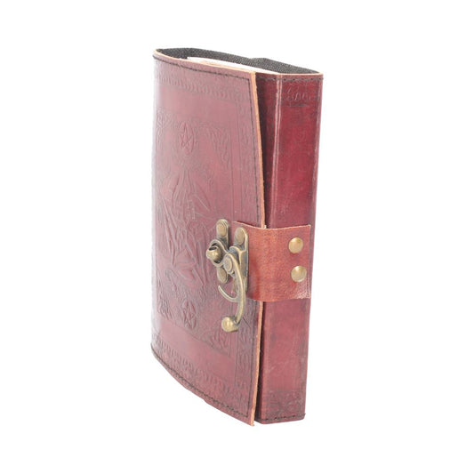 A red leather journal with an embossed pentagram design is closed by a brass clasp. The journal sits upright against a solid white background.