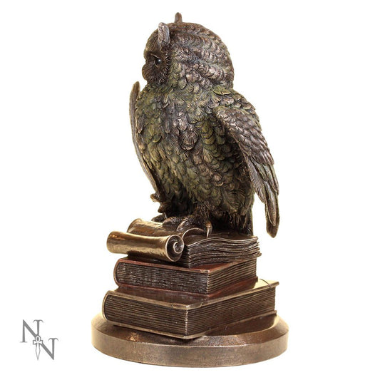 A bronze owl figurine perches atop stacked books and a scroll, looking sideways, with intricate feather detailing. It rests on a circular base. Nearby is a logo with crossed swords.