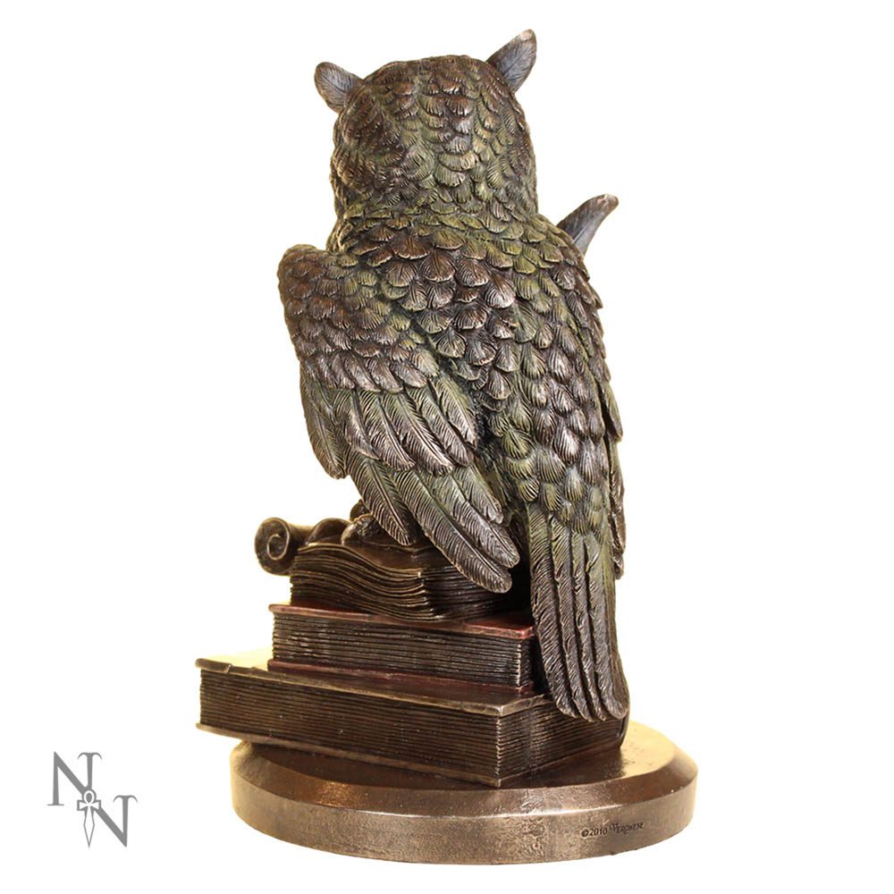 An intricately detailed owl sculpture perches atop stacked books, facing away. The bronze-like statue sits on a circular base. In the lower left, the logo "TN" is visible, alongside "©2010 Wenger."
