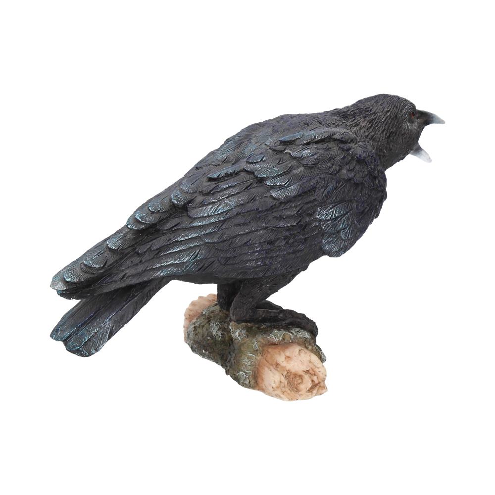 A raven perches on a faux, light-colored tree branch, its beak open as if it's mid-squawk, against a stark white background.
