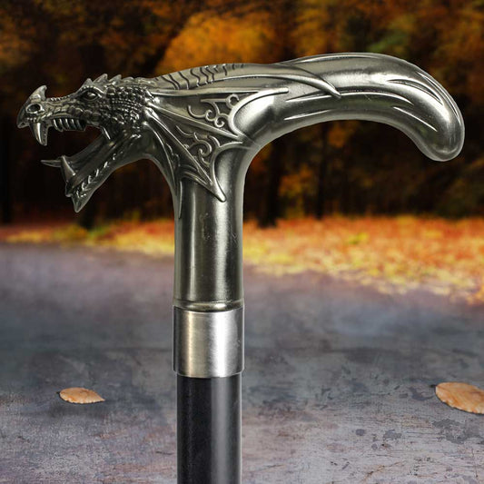 A dragon-head cane stands on a path; the dark metal handle is ornately detailed, contrasting with the autumnal background.