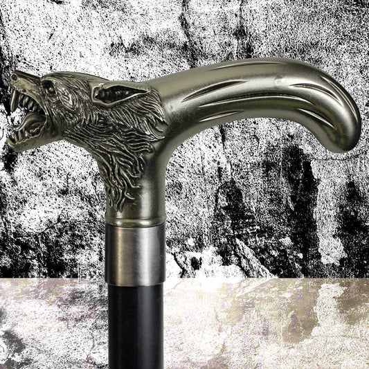 A cane, sculpted as a snarling wolf's head, stands against a mottled, textured backdrop.