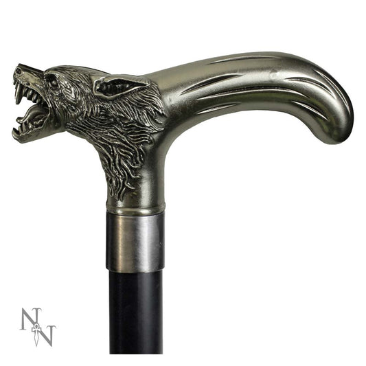 Lycanthrope cane detail with snarling werewolf head, curved polished metal grip and black shaft