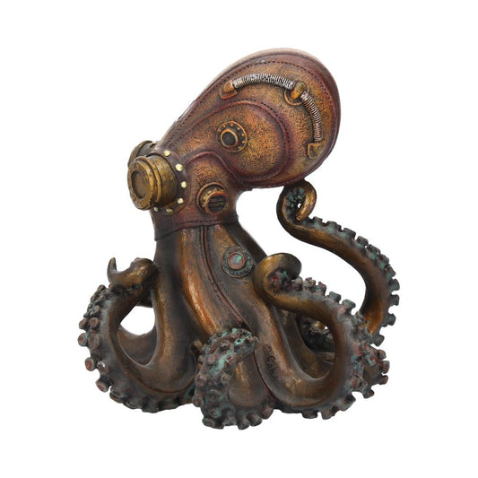 A steampunk-style octopus sculpture with intricate metallic details stands poised, showcasing entwined tentacles. Its textured bronze surface and mechanical accents create a vintage, imaginative appearance against a plain background.