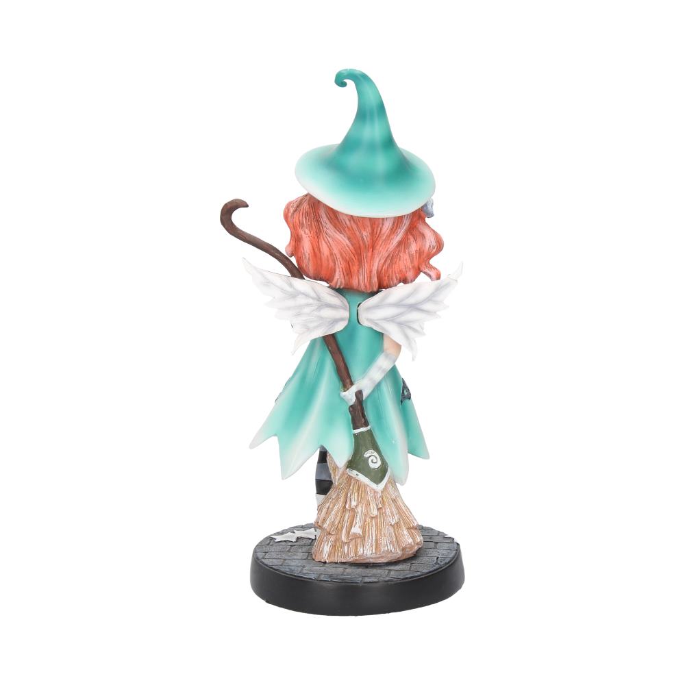 A figurine with a teal wizard hat, orange hair, and wings, holds a staff, standing on a circular base resembling stone, facing away in a white background.
