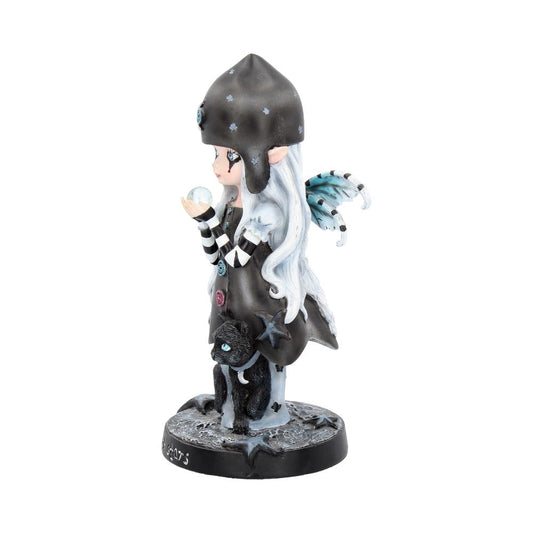 A small fairy figurine with white hair and blue wings holds a crystal orb. Wearing a black outfit, she stands beside a black cat on a textured base. "Lisa Parker" text is visible.