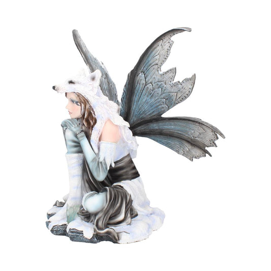 A kneeling fairy wearing a wolf hood and white clothes has dark, delicate wings, all set against a plain white background, conveying a mystical, serene atmosphere.