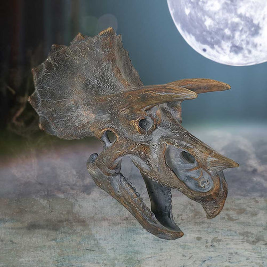 A triceratops skull floats mid-air under a full moon against a misty, forested backdrop. The ground appears rocky, enhancing the prehistoric ambiance.