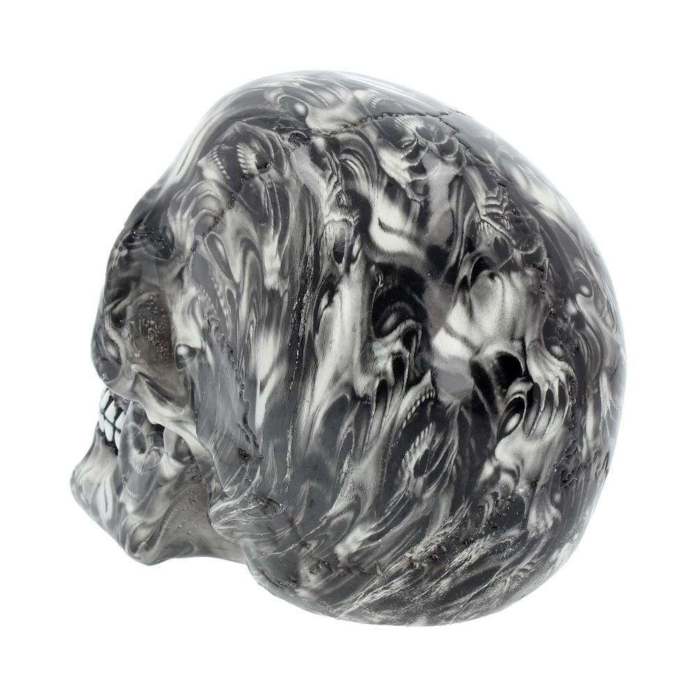 A decorative skull features swirling black and white patterns reminiscent of smoke or abstract art, viewed from the side. The background is plain white, emphasizing the skull's design.