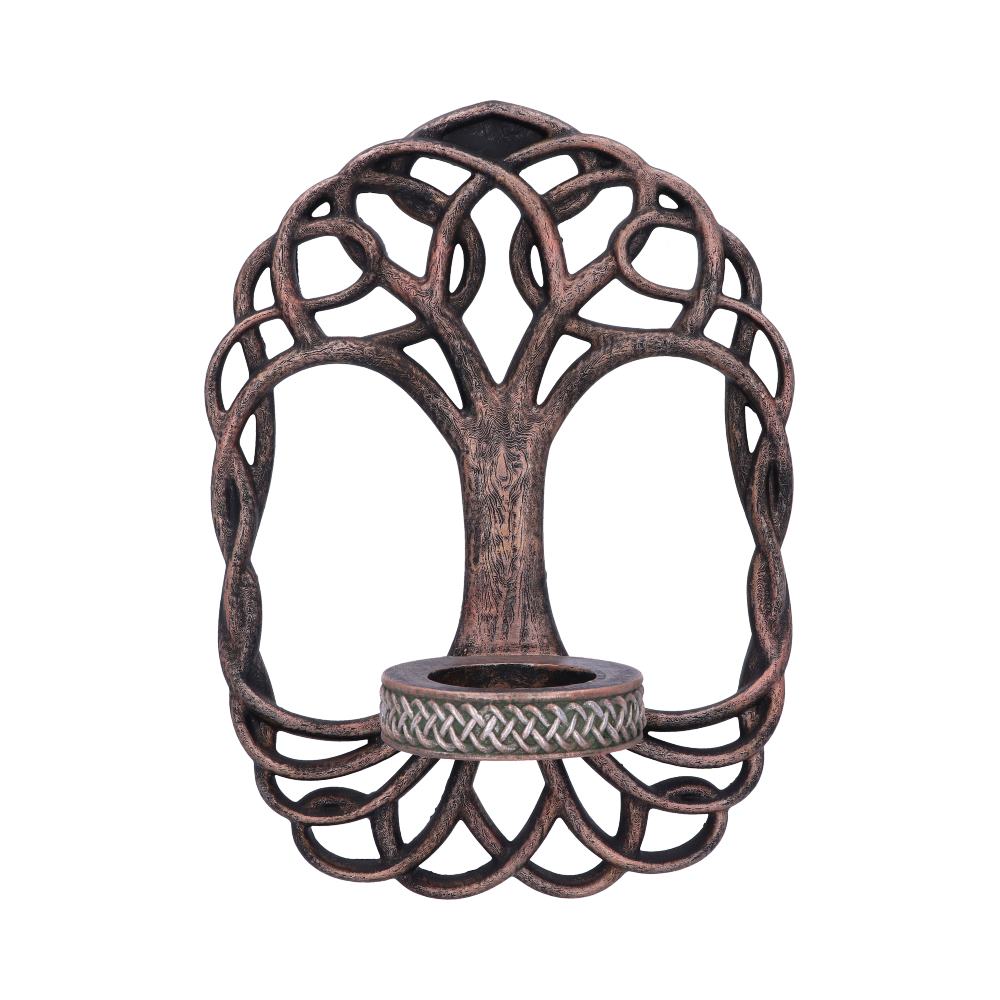 A bronze-colored Celtic tree of life candle holder has a cylinder in the center and braided ornamentation. The holder is against a white background.
