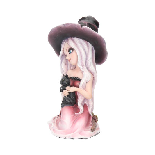 A figurine of a young witch with long white hair holds a black cat, seated in a pink dress and wearing a large hat, with a broom beside her.