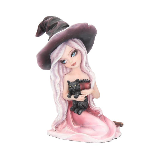 A figurine of a witch with long white hair and a black hat sits, cradling a small black cat, adorned in a flowing pink dress.
