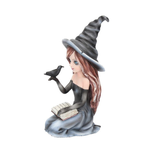 A figurine of a young witch sits, holding a black bird with an open book in her lap; she wears a tall, pointed hat and long dress in a light setting.