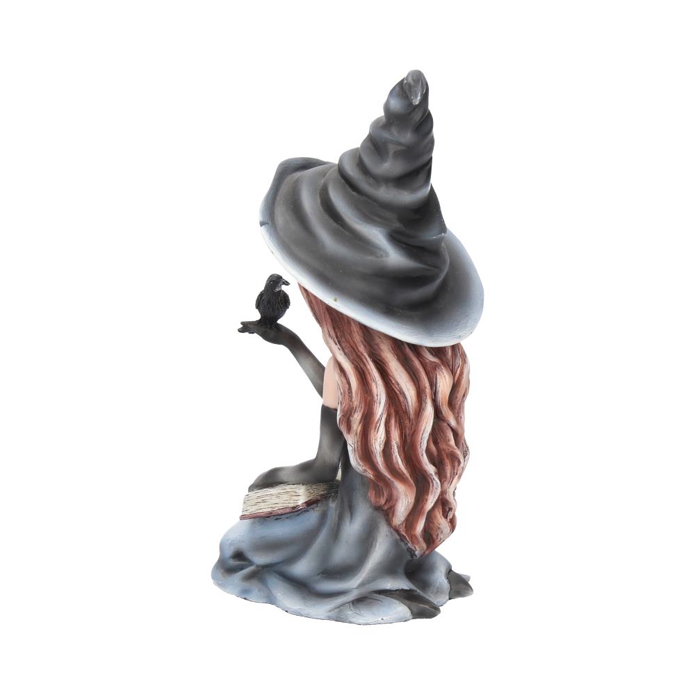 A small figurine of a witch sits cross-legged, wearing a pointed hat, holding a black bird on her hand. Her long hair flows down her back, and she sits on a gray cloth.
