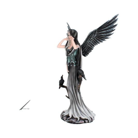 A black-winged figurine stands, hands to face, wearing a flowing gray gown. Two black birds perch on a branch beside her. A sword lies on the ground nearby.