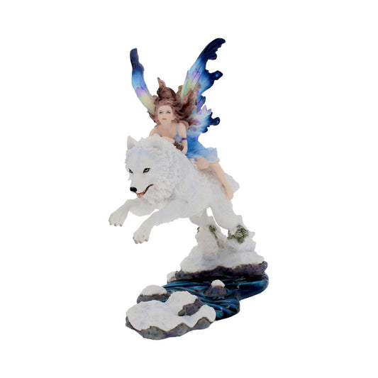 A fairy with colorful wings rides a white wolf leaping over snow-covered rocks and a stream, creating a mystical and adventurous scene.