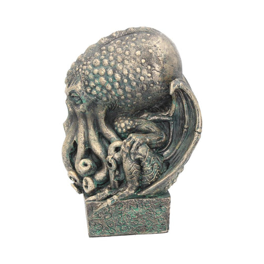 A Cthulhu statuette sits perched on a square base. The creature has wings, tentacles, and a textured body, all rendered in a bronzed, greenish hue, set against a white background.