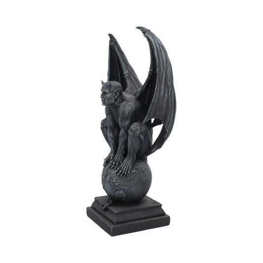 A gargoyle perches atop a globe with wings raised, all cast in dark gray. It rests on a square base, against a white background.