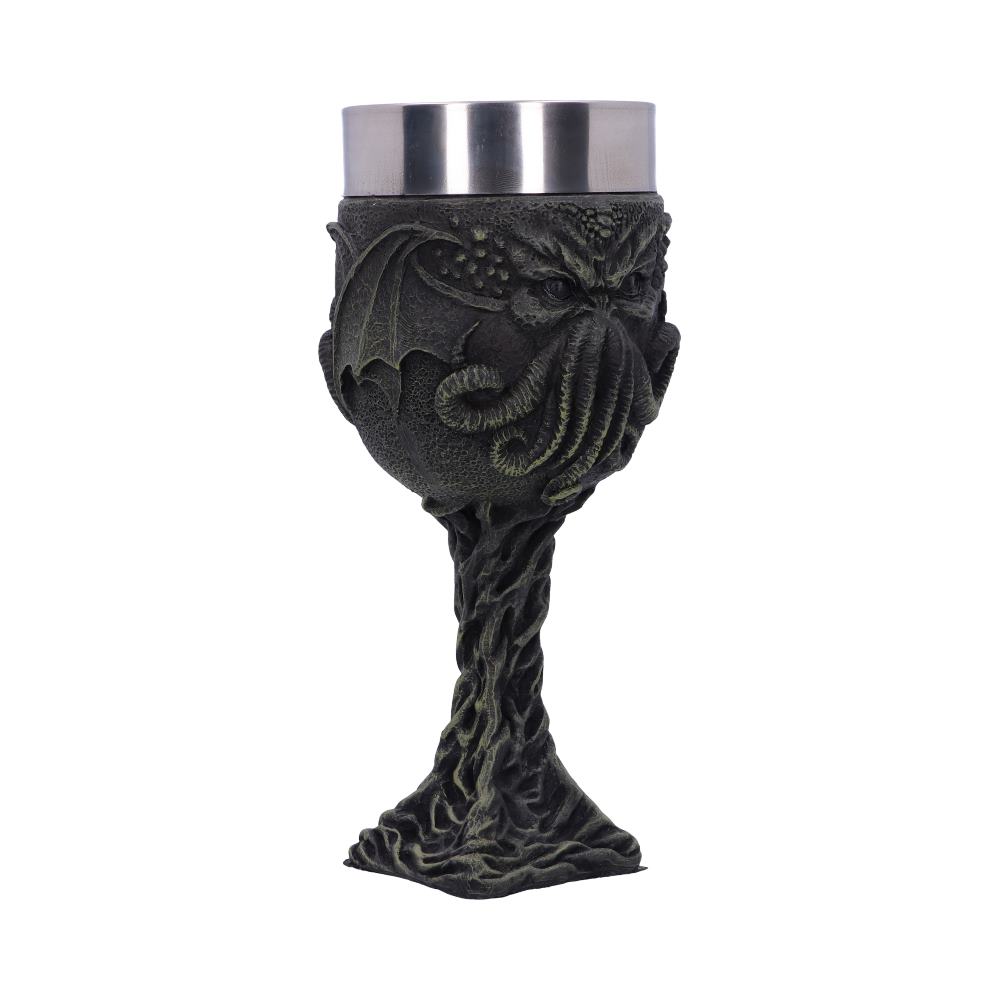 A chalice with a metal rim displays a sculpted Cthulhu head at its base, featuring tentacles and wings. The stem is designed like twisted roots against a white backdrop.