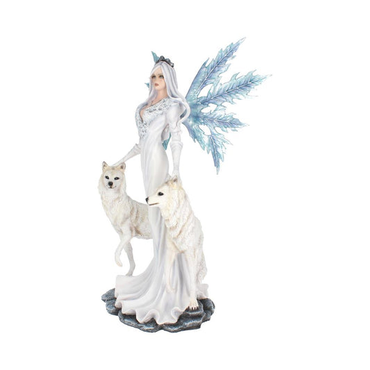 A figurine of an ethereal woman with icy blue wings stands gracefully, accompanied by two white wolves, on a stone-like base against a plain white background.