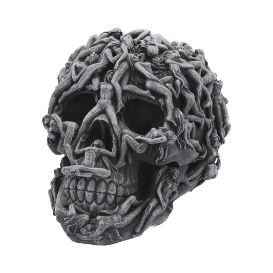 A skull-shaped sculpture is composed of numerous interwoven, small human figures. The figures form the surface texture, creating a macabre, intricate design against a plain white background.