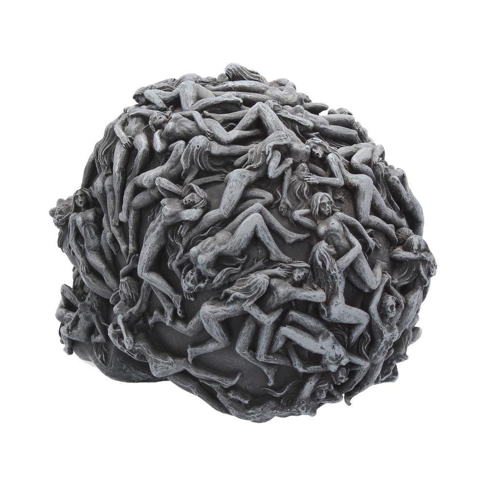 Sculpture depicting a mass of human figures interwoven and contorted, resembling a brain shape. The detailed figures are in various poses with intricate features, made from a dark, matte material.