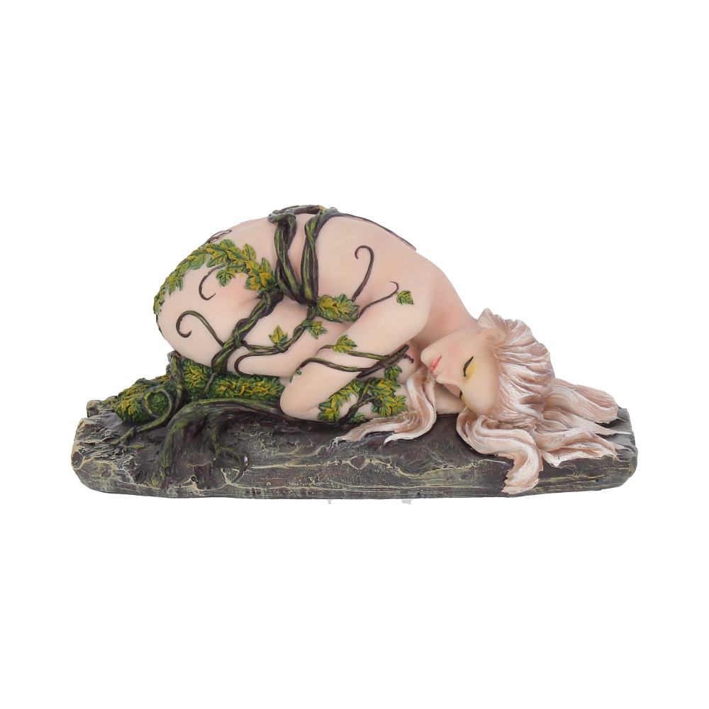 A figurine depicts a sleeping, nude figure entwined with vines, lying on a textured, stone-like base. The figure's hair flows around its head, emphasizing a serene, natural setting.