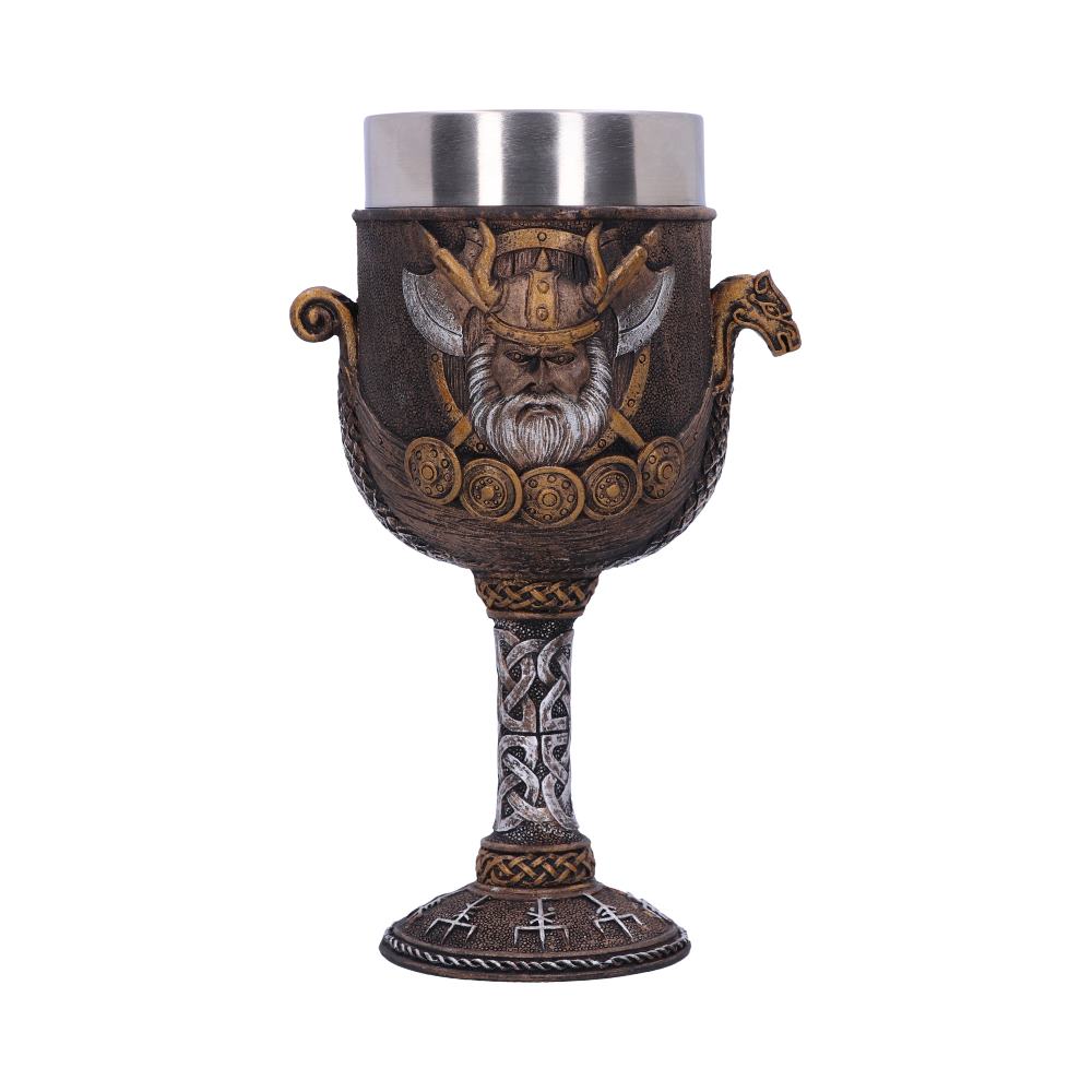 A decorative goblet with a stainless steel interior displays a Viking figure with axes on the dark brown exterior. It has a Celtic knot-style stem and is standing on a white background.