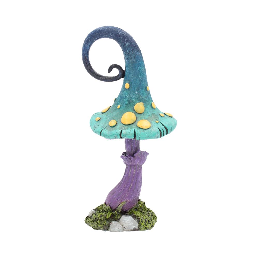 A whimsical mushroom figurine stands on a mossy base, featuring a teal cap with yellow spots, a purple stalk, and a curled tip that extends from the cap.