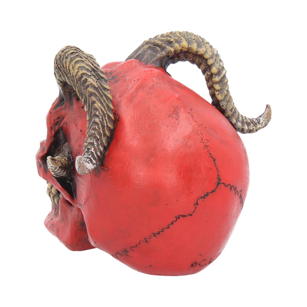 A red skull features prominent, twisted horns on either side, set against a white background. Fine black lines form cracks along the skull’s surface.