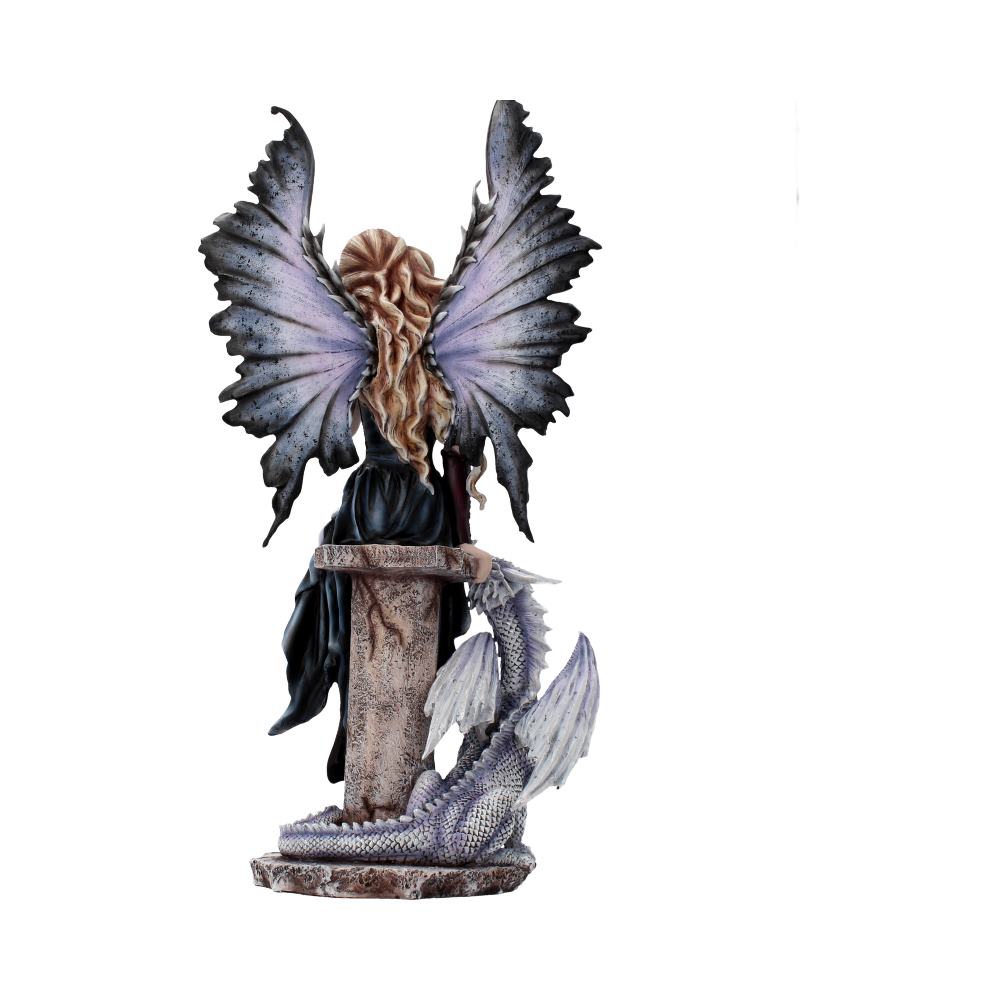 A winged fairy sits on a stone pedestal, her back to the viewer, with a small dragon curled around the base. The background is plain white.