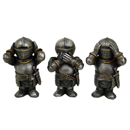 Three small armored knight figurines depicting "see no evil, hear no evil, speak no evil" pose. One covers ears, another covers mouth, and the third covers eyes.