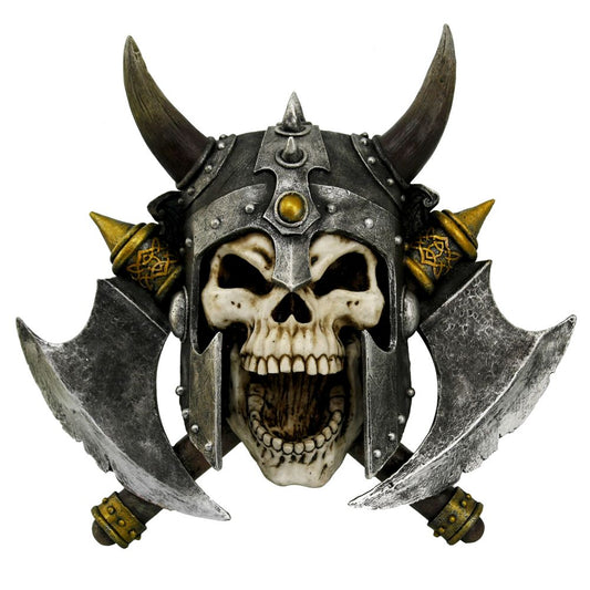 A skull wearing a Viking-style helmet with horns and a decorative emblem. The skull has an open jaw, and two crossed axes are positioned behind it, enhancing a fearsome appearance.