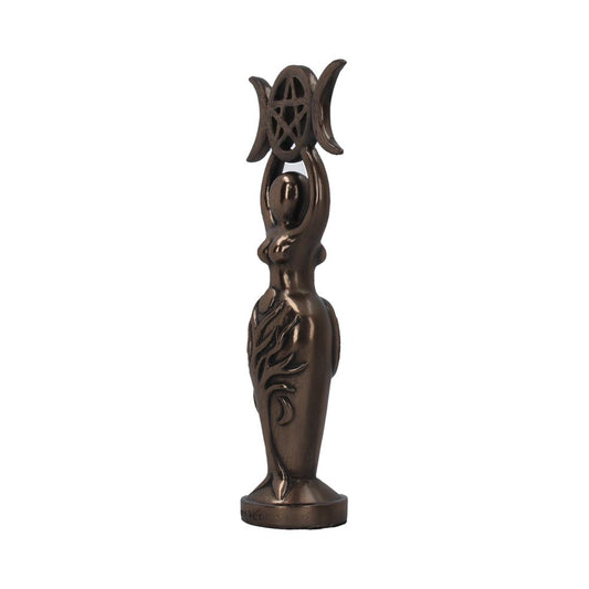 A bronze-colored figurine holds a symbol with two crescent moons and a pentacle overhead. It stands upright, featuring a flame design on its body, against a plain background.