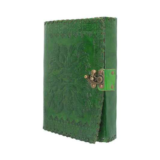 A green leather journal stands upright, featuring intricate embossed designs and a decorative brass clasp, set against a plain white background.