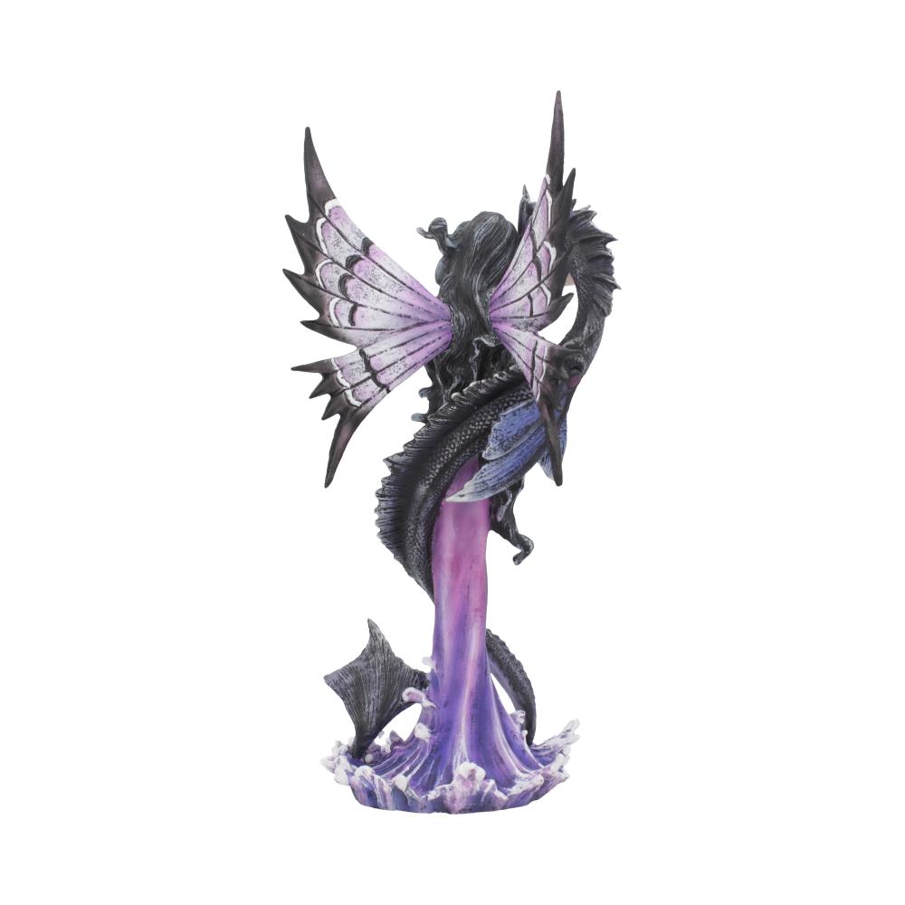 A detailed, purple and black fairy figurine with intricate wings gracefully stands on a swirling pedestal, surrounded by a dragon in an artistic, fantasy-themed depiction against a plain background.