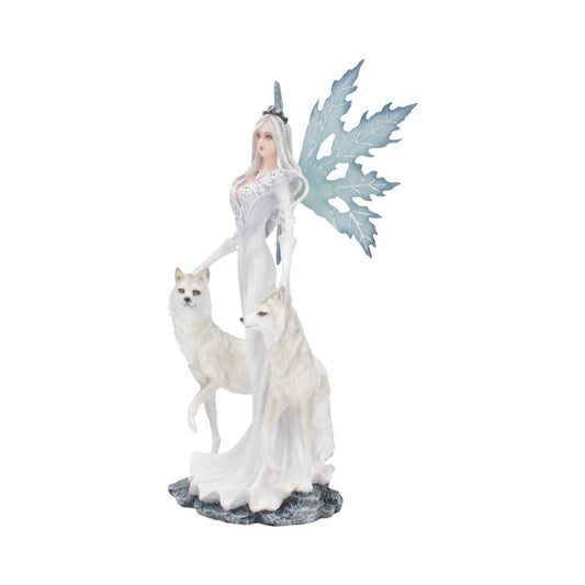 A figurine of an elegantly dressed woman with icy blue wings stands on a rocky base, accompanied by two white wolves, portraying a fantasy scene.