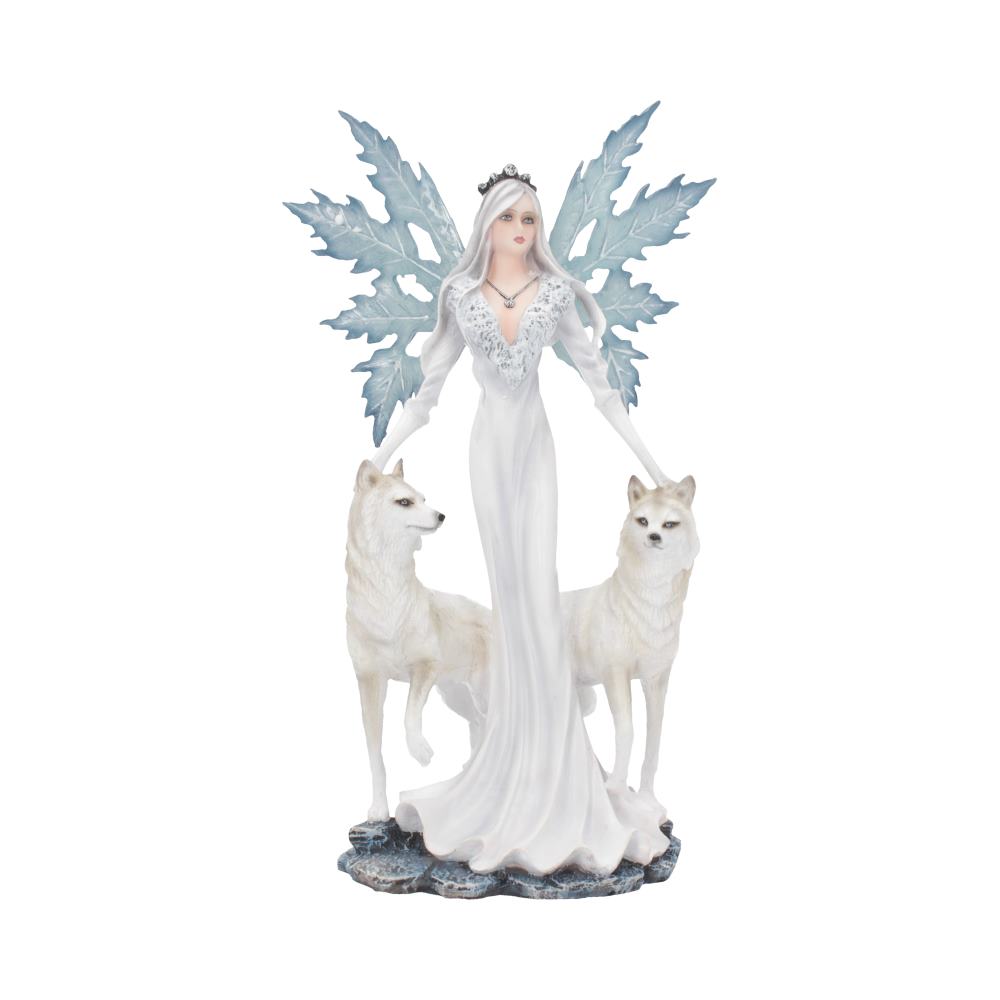A figurine of an elegant woman with snowflake wings and a crown stands between two white wolves. She wears a long, flowing white gown, set against a snowy base.