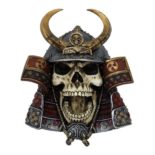 A skull wearing a decorative samurai helmet with large golden horns and intricate red and gold patterns, is centered in the image against a plain background, appearing menacing and ornate.