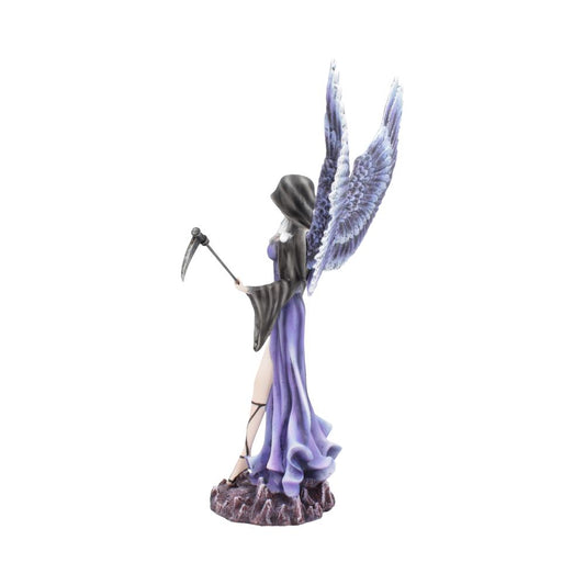 A grim reaper figure stands atop a rock-like base, holding a scythe. She has two large, feathered wings and is wearing a hooded robe and a long, flowing dress.