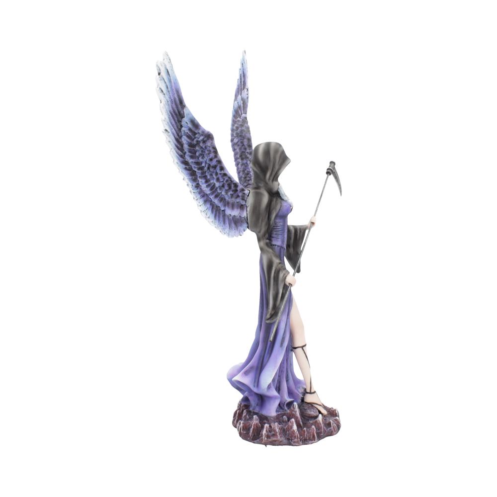 A winged angel in a hooded robe and sandals poses with a scythe. The angel stands on a rocky base against a white background.