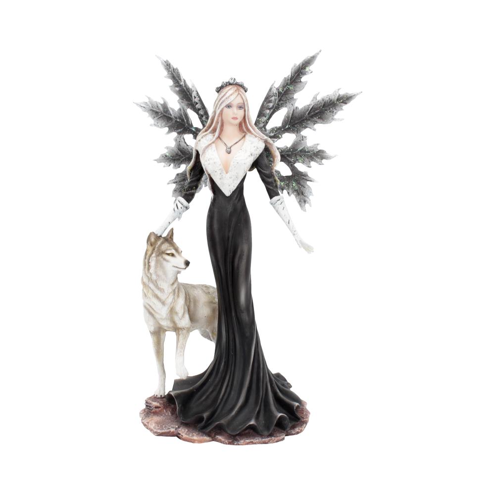 A fairy statuette poses with a wolf. The fairy wears a black dress, white gloves, and leaf-like wings, standing on a rocky base with a white wolf by her side.