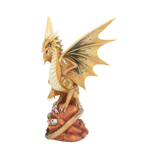 A detailed dragon figurine stands poised with extended wings on a rocky base, featuring intricate scales and menacing eyes, in a fantasy-themed context.