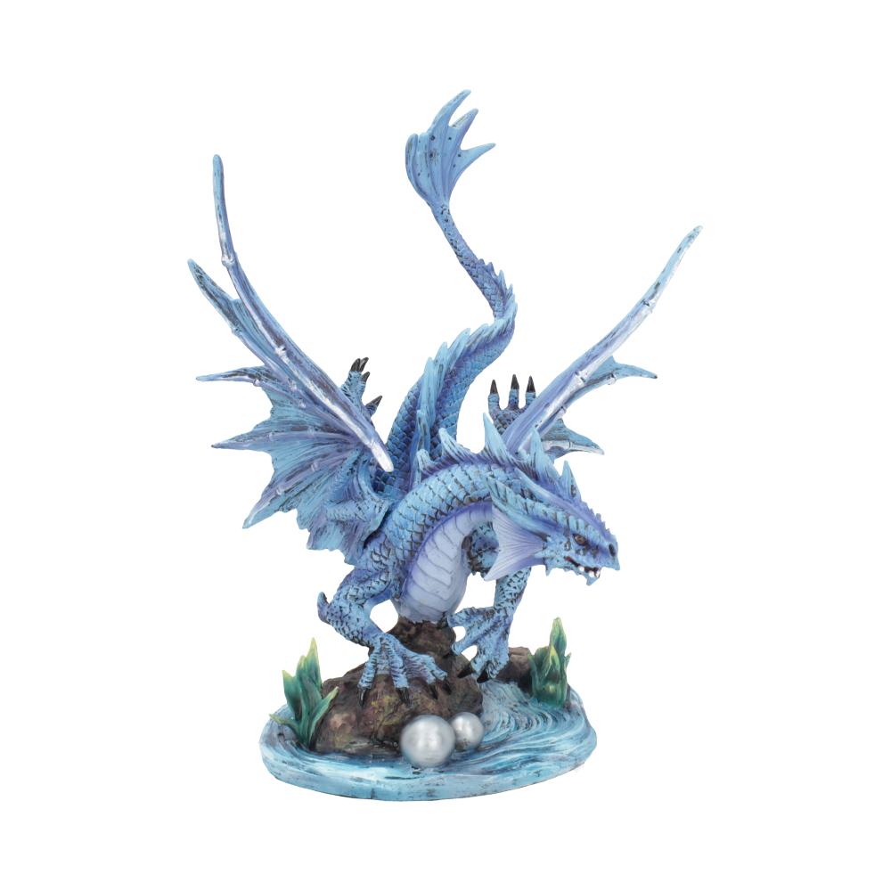 A blue dragon figurine stands on a rocky base, wings spread wide. It is surrounded by water elements and two pearl-like spheres, suggesting a mystical setting.