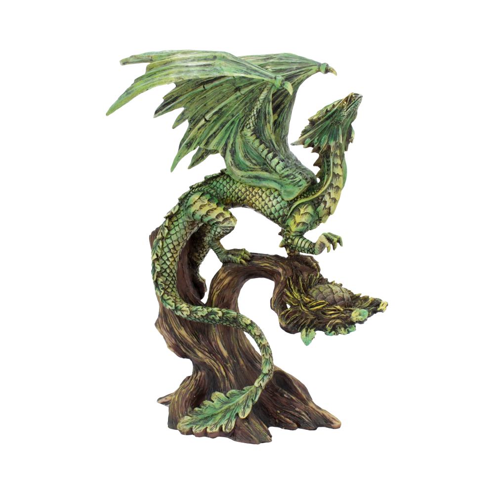 A green dragon figurine perched on a twisted brown branch, wings outstretched. The sculpture highlights detailed scales and leaves in a standalone display against a plain white background.