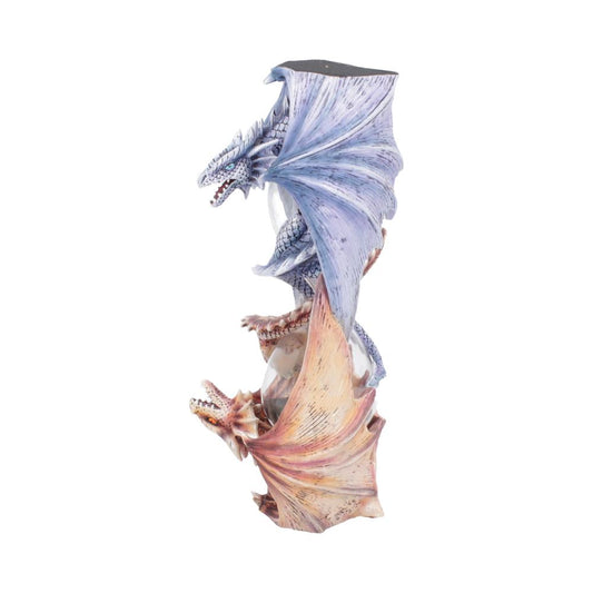 Two dragons frame a sand timer; a lavender dragon perches atop, an orange one below. The piece is likely decorative.