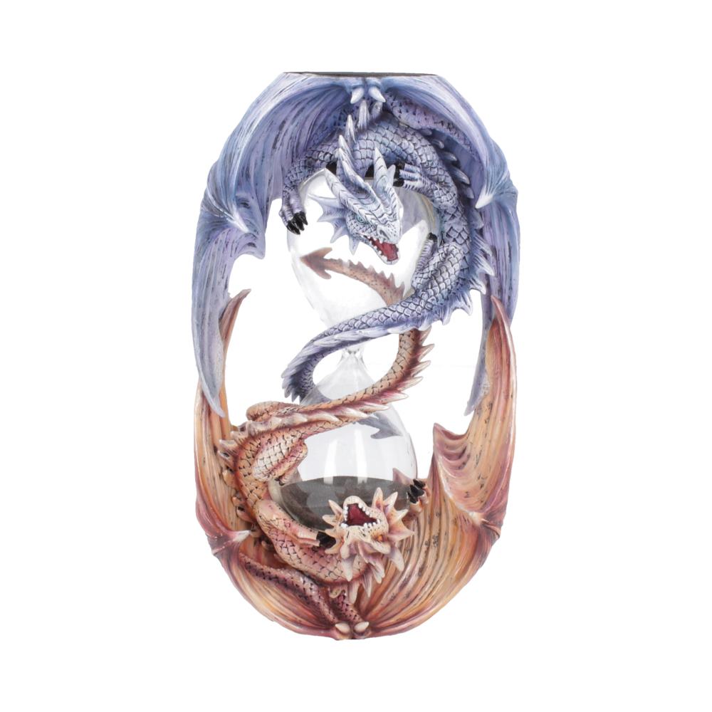 A sculpted hourglass, shaped like two dragons intertwined, displays sand flowing between them.  One dragon is blue and the other is orange/brown.