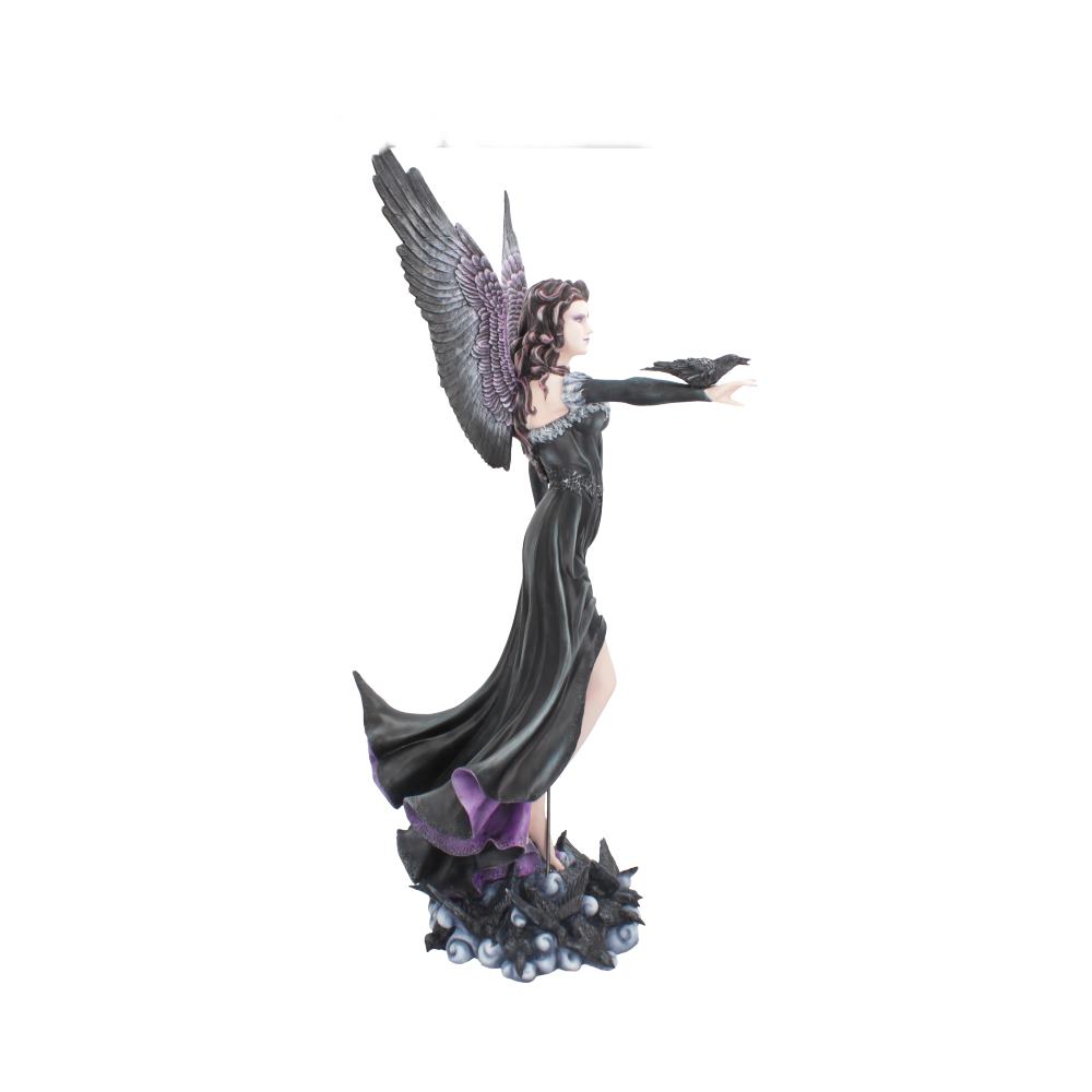 A winged woman in a long dress stands on a rocky base, her arm outstretched with a raven perched on her hand. The background is a plain white.