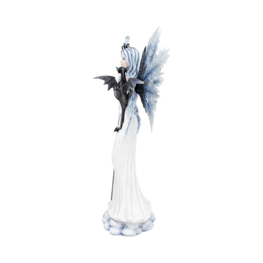 A winged ice fairy in a long white dress cradles a black dragon figurine. She stands on a cloudy base against a plain white background.