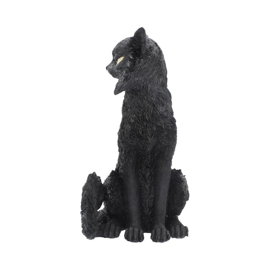 A black wolf figurine sits with its head turned to the side. The textured body is detailed, and it is positioned against a plain white background.